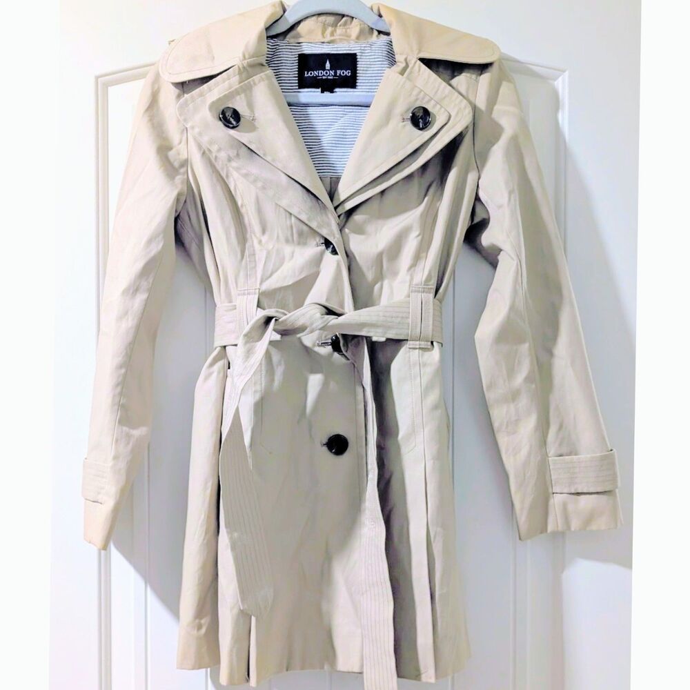 London Fog Womens Petite Tan Khaki Double Breasted Belt Trench Coat Size X-Small